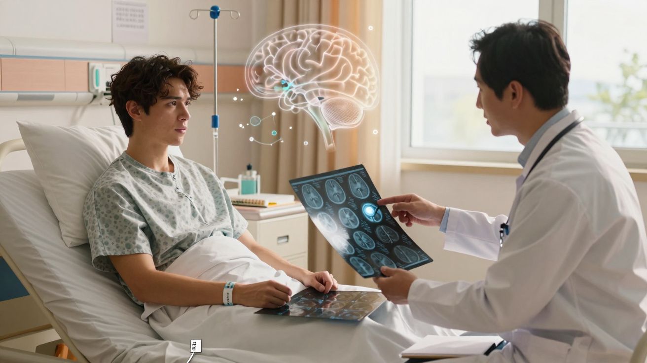 Paciente jovem na cama do hospital com médico a analisar exames cerebrais e imagem digital de cérebro iluminada.