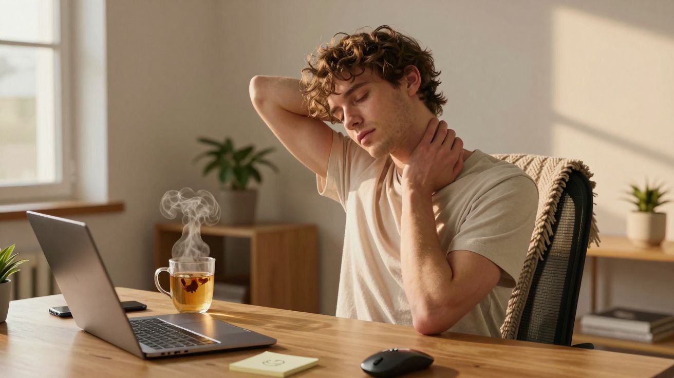 Jovem sentado numa secretária, a massajar o pescoço, com um computador portátil e chá quente à sua frente.