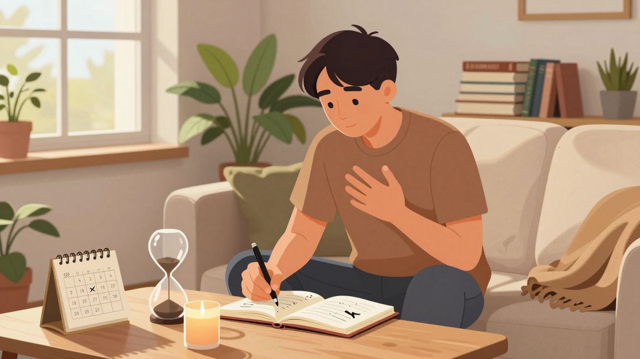 Homem sentado no sofá a escrever num caderno com candle aceso, ampulheta e calendário na mesa à frente.