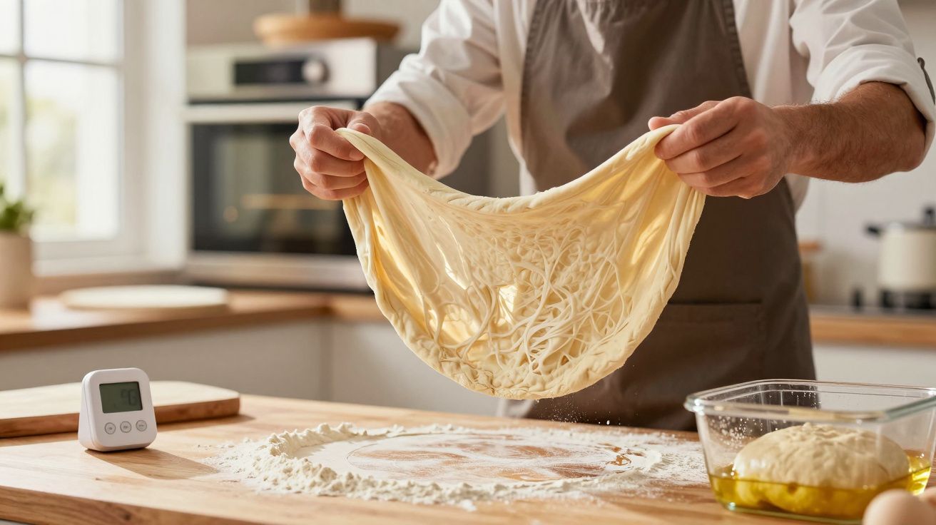 Pessoa a esticar massa de pão numa cozinha com farinha na bancada e temporizador digital.
