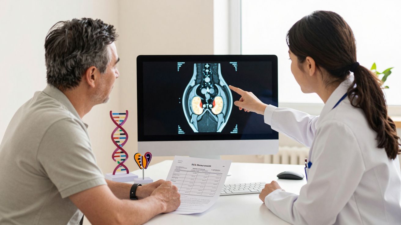 Médica e paciente analisam imagem de exame médico no computador num consultório iluminado e moderno.