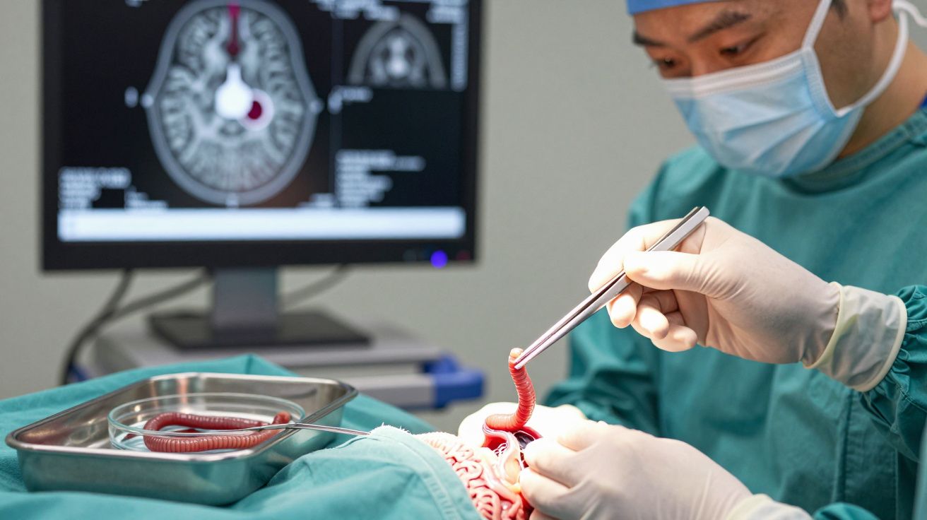 Cirurgião a remover um verme parasita do intestino durante uma operação, com monitor ao fundo.