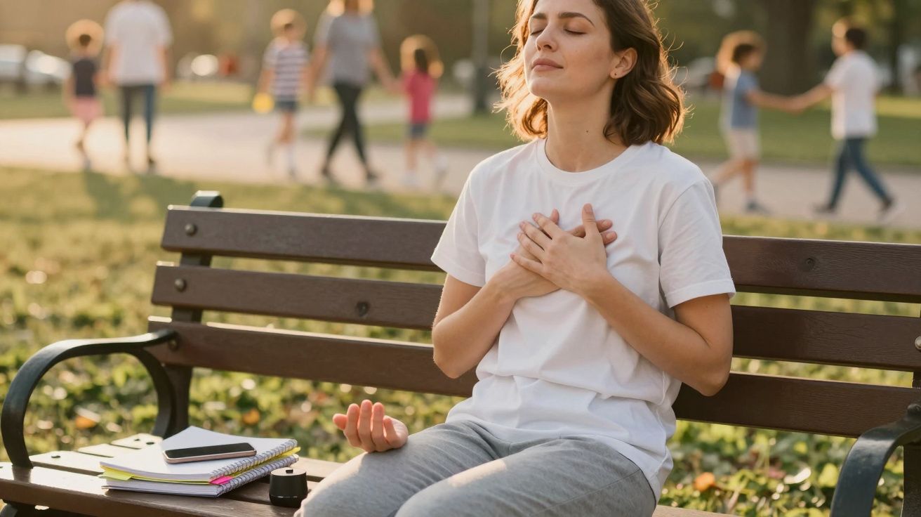 Mulher sentada num banco de parque, de olhos fechados e mãos no peito, aparentando meditação ou relaxamento.