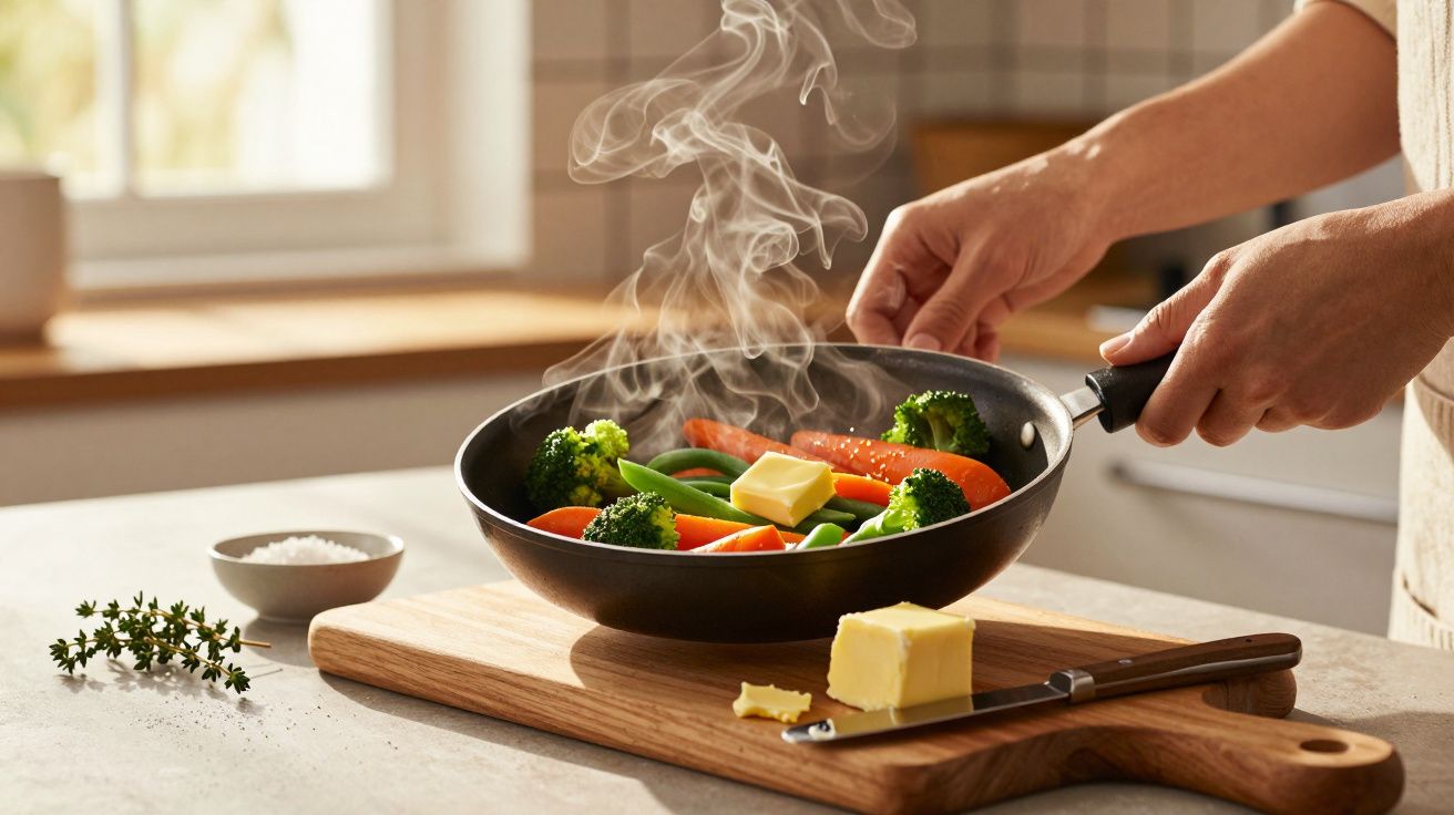 Mãos seguram frigideira com legumes a cozer e manteiga derretendo numa cozinha iluminada.