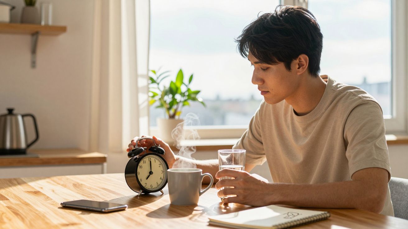 Jovem sentado à mesa a segurando um copo de água e um relógio despertador, com chá quente e caderno na mesa.