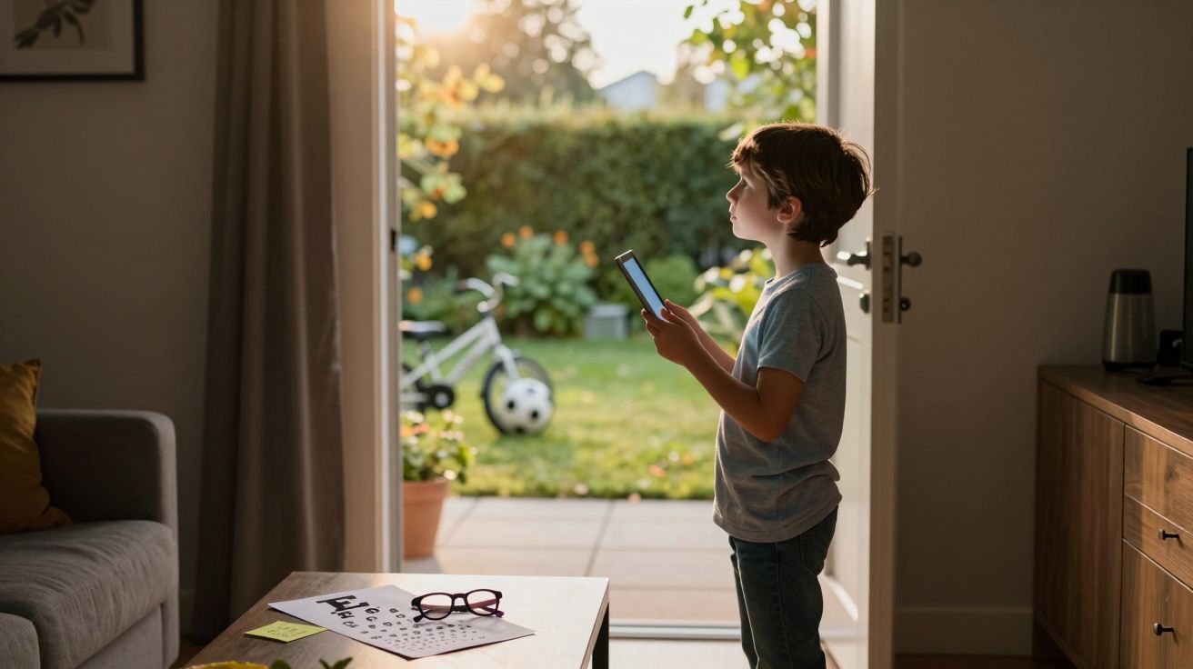 Criança de pé junto à porta aberta a olhar para um tablet com um jardim iluminado ao fundo.