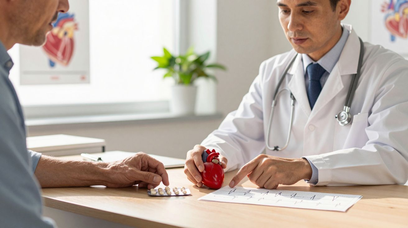 Médico explica a um paciente exame cardíaco, mostrando modelo de coração e eletrocardiograma numa consulta.