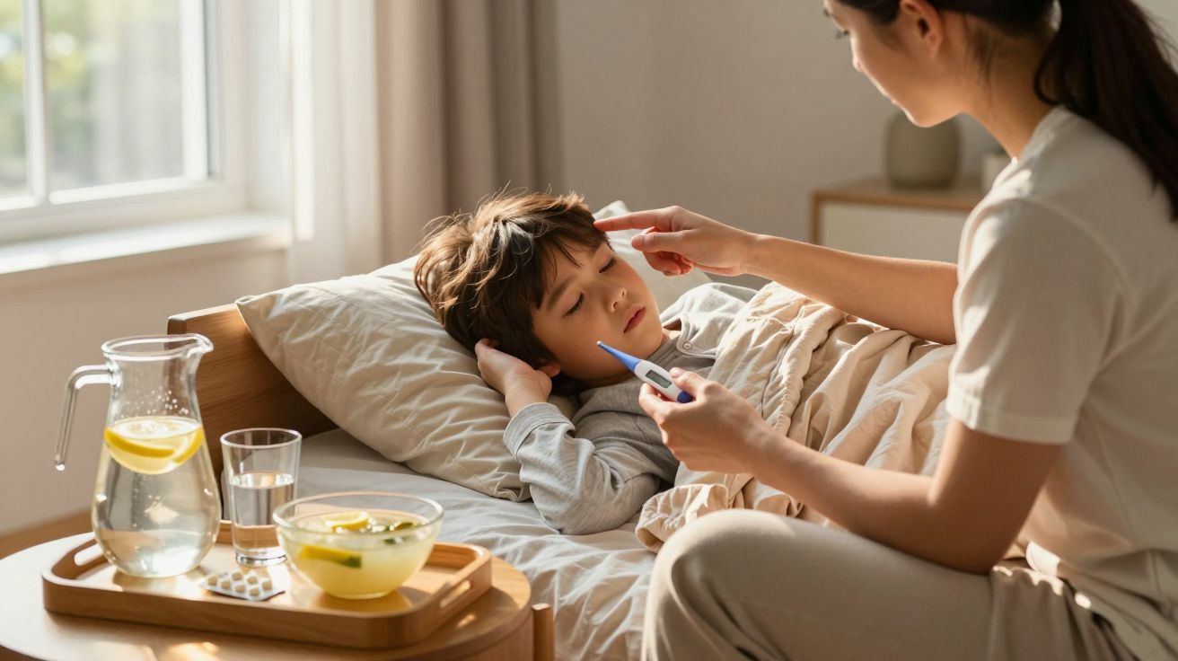 Criança deitada na cama com mãe a medir a temperatura na testa, com bebidas e remédios numa mesa ao lado.