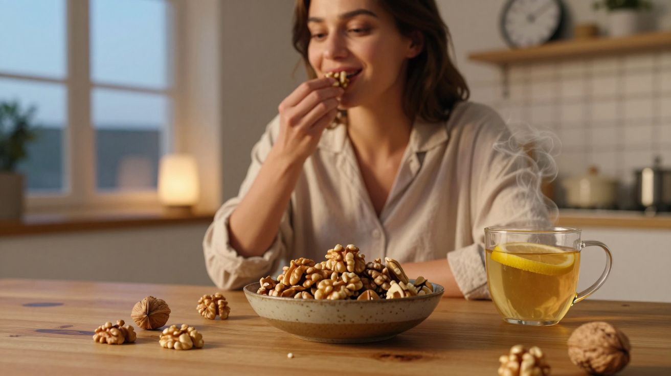 Mulher a comer nozes, com chá de limão numa chávena em madeira, numa cozinha acolhedora.