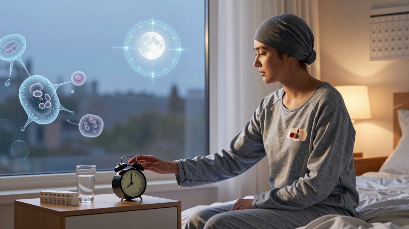 Mulher com lenço na cabeça apanha despertador na mesa de cabeceira, ao lado de medicamentos e copo de água.