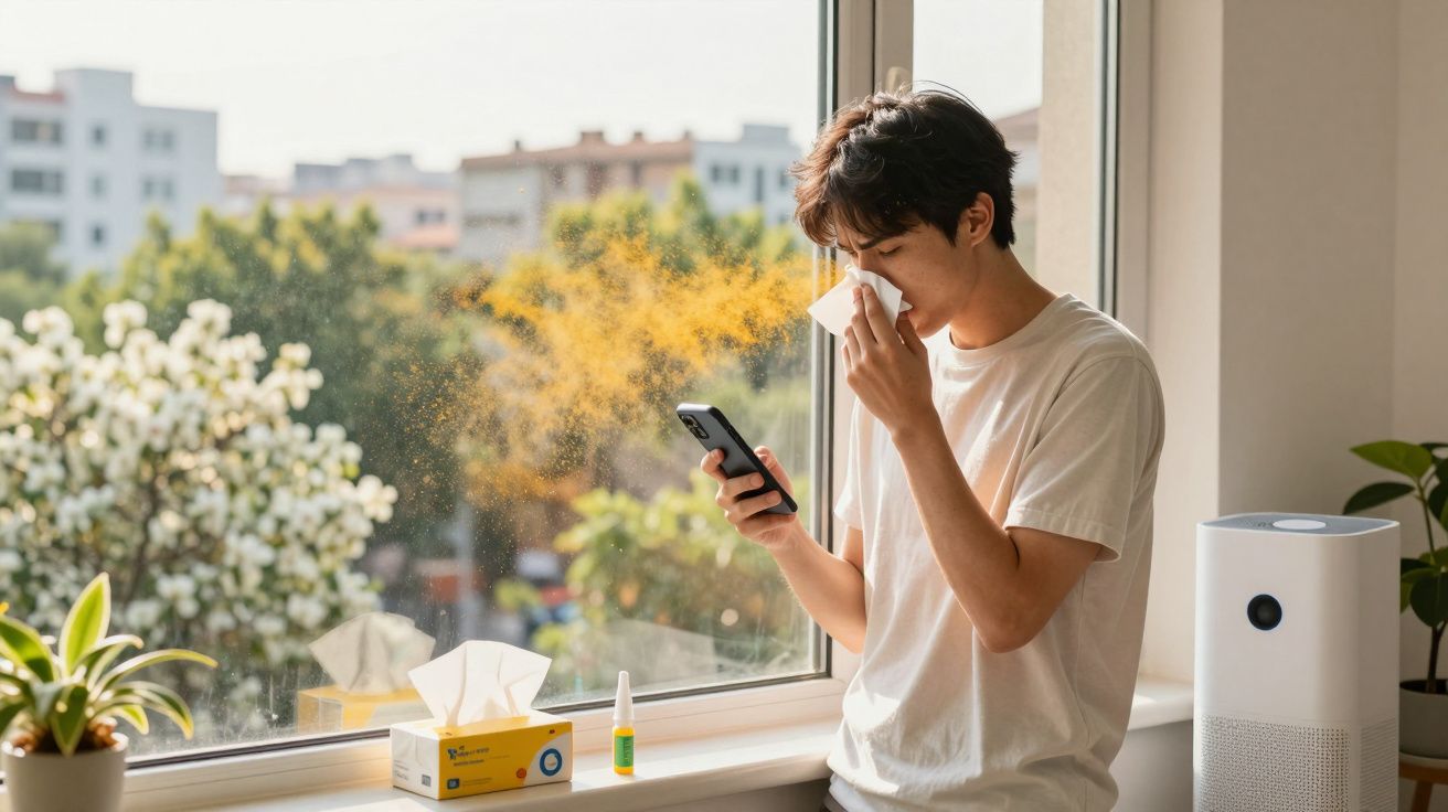Homem a limpar o nariz com lenço ao lado de janela com pólen visível no ar e purificador de ar.
