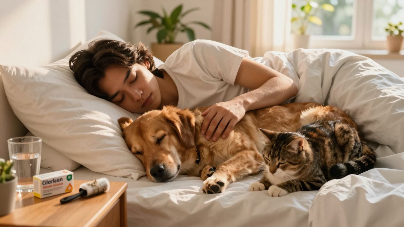 Homem a dormir na cama abraçado a um cão e com um gato ao lado, numa manhã iluminada.