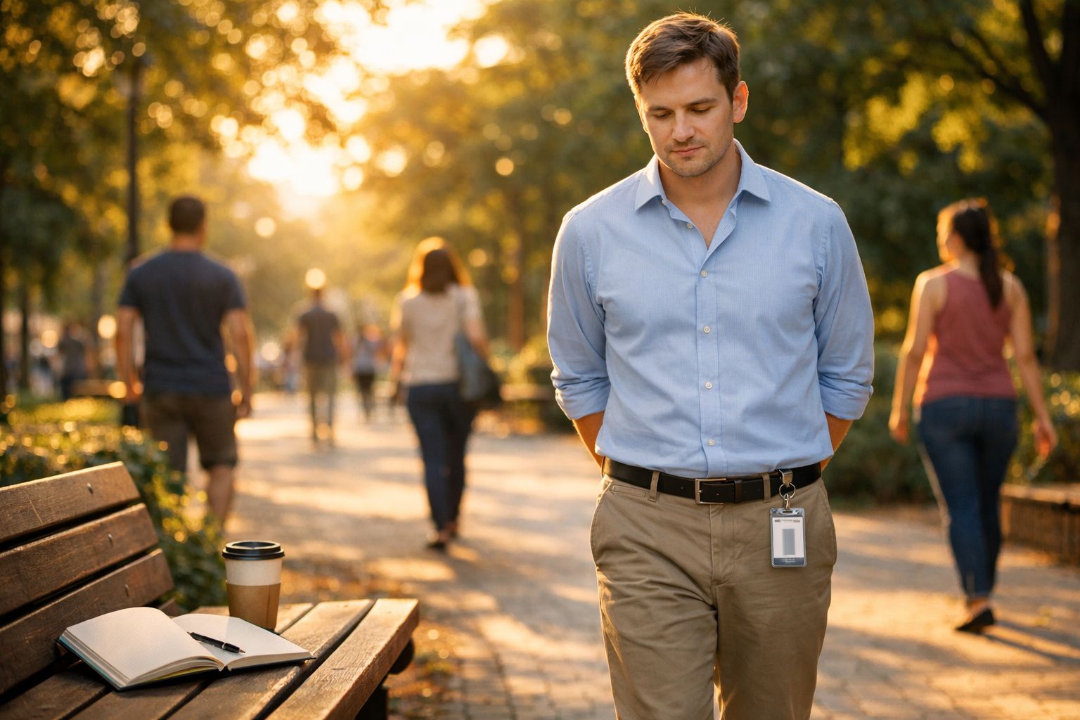 Homem sorridente de camisa azul e calças caqui a passear num parque com sol ao fim da tarde.