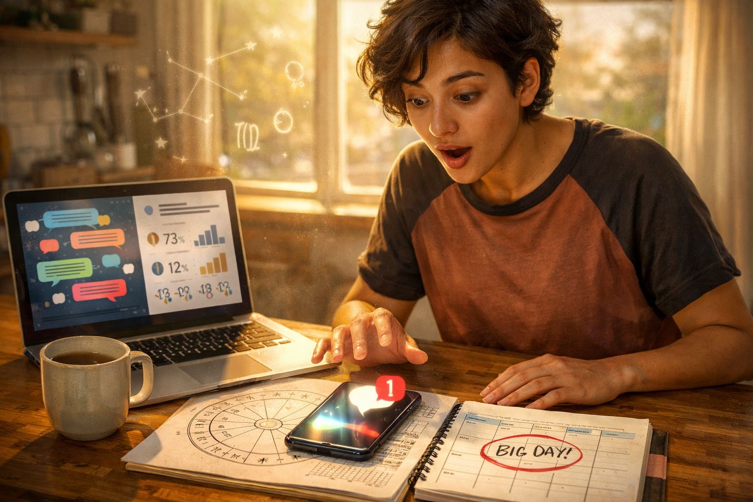 Pessoa surpreendida a olhar para telemóvel com notificação, rodeada por laptop, café e planner marcado com "Big Day!"