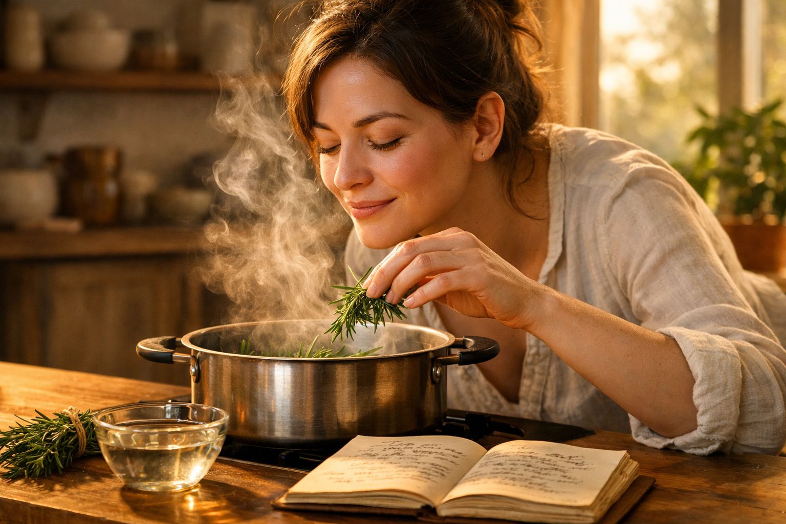 Mulher a cozinhar na cozinha, a colocar ervas aromáticas numa panela com vapor.