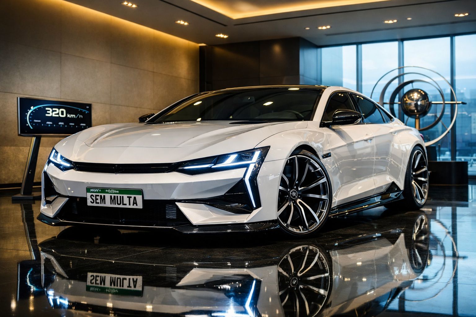 Carro desportivo branco estacionado em interior moderno, com sinais luminosos modernos e espelho no chão.