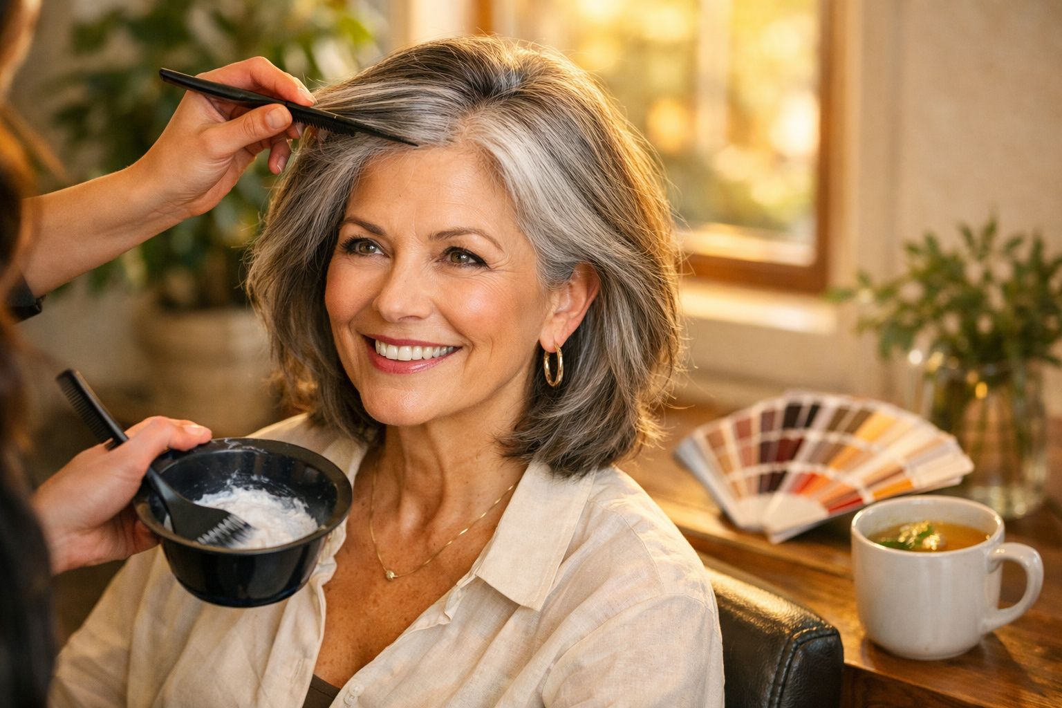 Mulher sorridente com cabelo grisalho sendo penteada, numa sala iluminada e acolhedora.