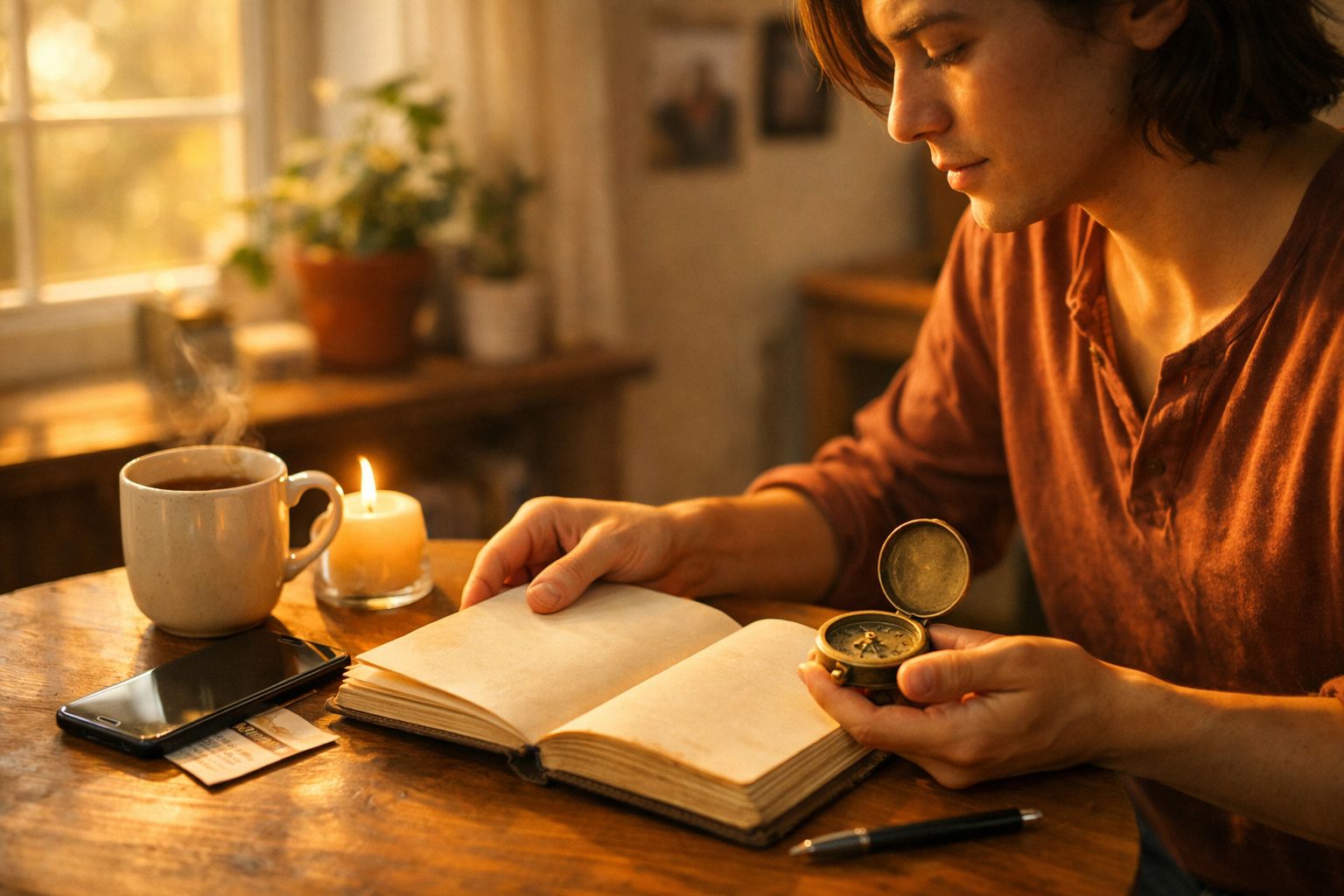 Pessoa a ler um livro antigo enquanto segura uma bússola, com chá e vela acesa numa mesa de madeira.