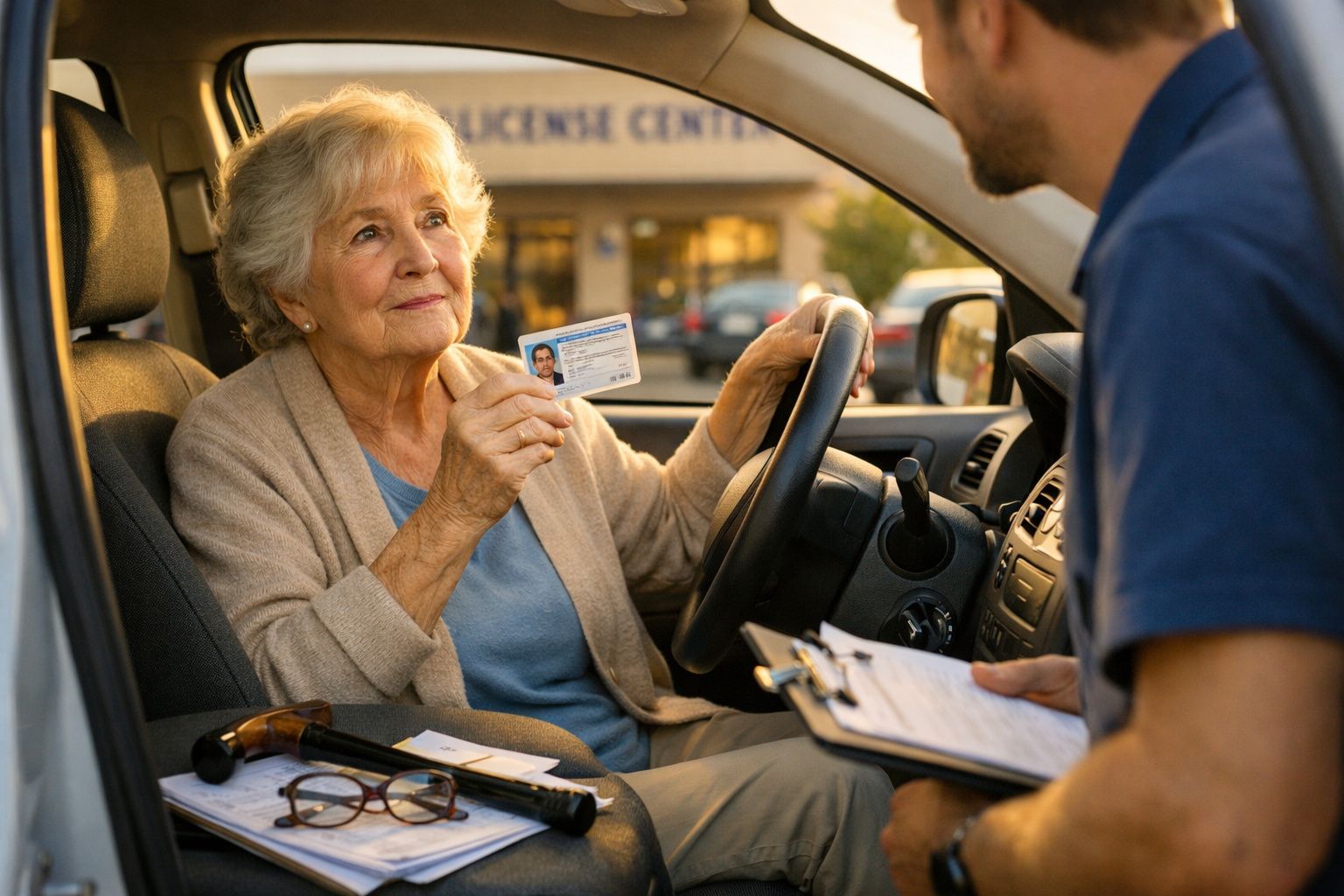 Mulher idosa mostra carteira de motorista a homem com prancheta dentro de carro estacionado.