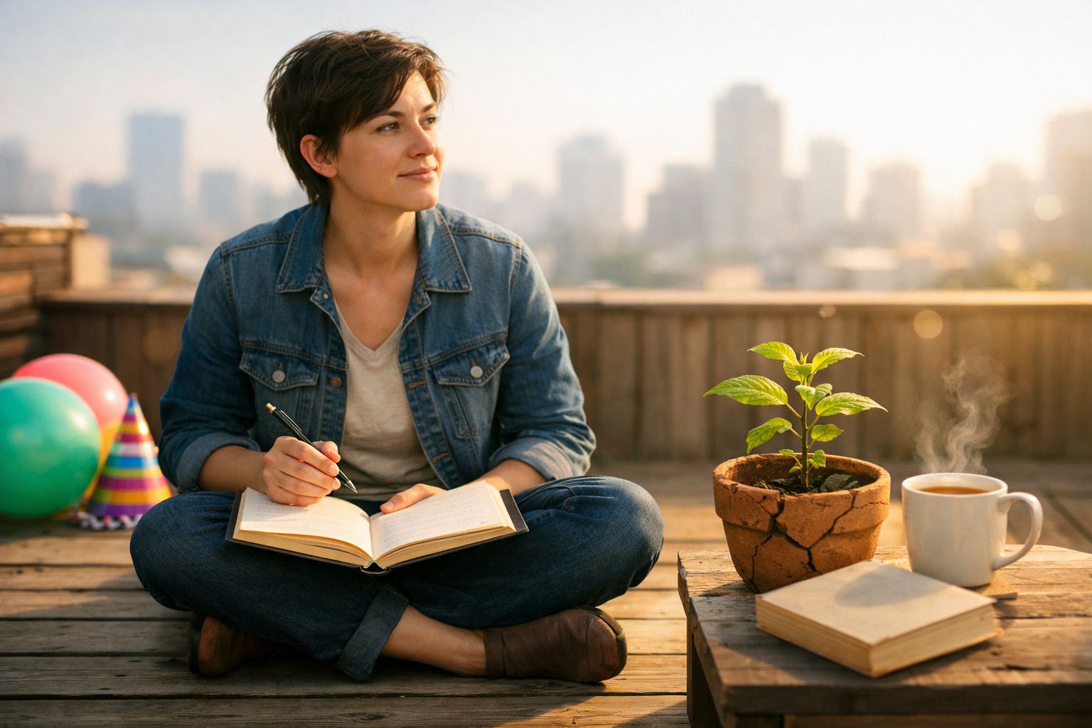 Jovem sentada no chão de madeira escreve num caderno com planta, chá e livros numa varanda ao ar livre.