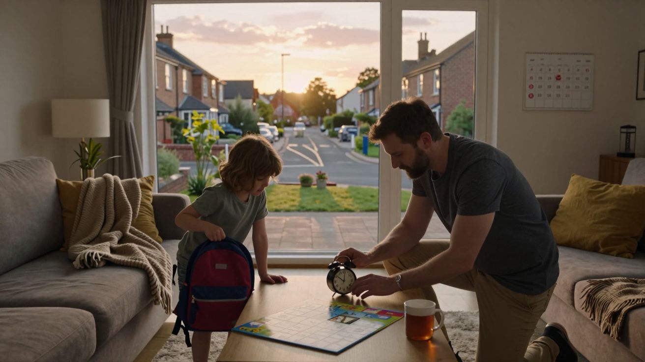 Pai e filho a preparar-se para a escola ao pôr do sol numa sala de estar acolhedora.