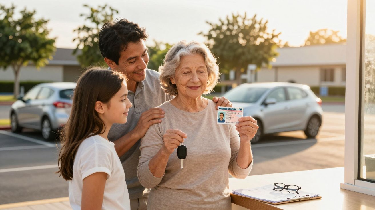Senhora idosa a mostrar carta de condução e chave de carro, acompanhada por homem e jovem num parque de estacionamento.