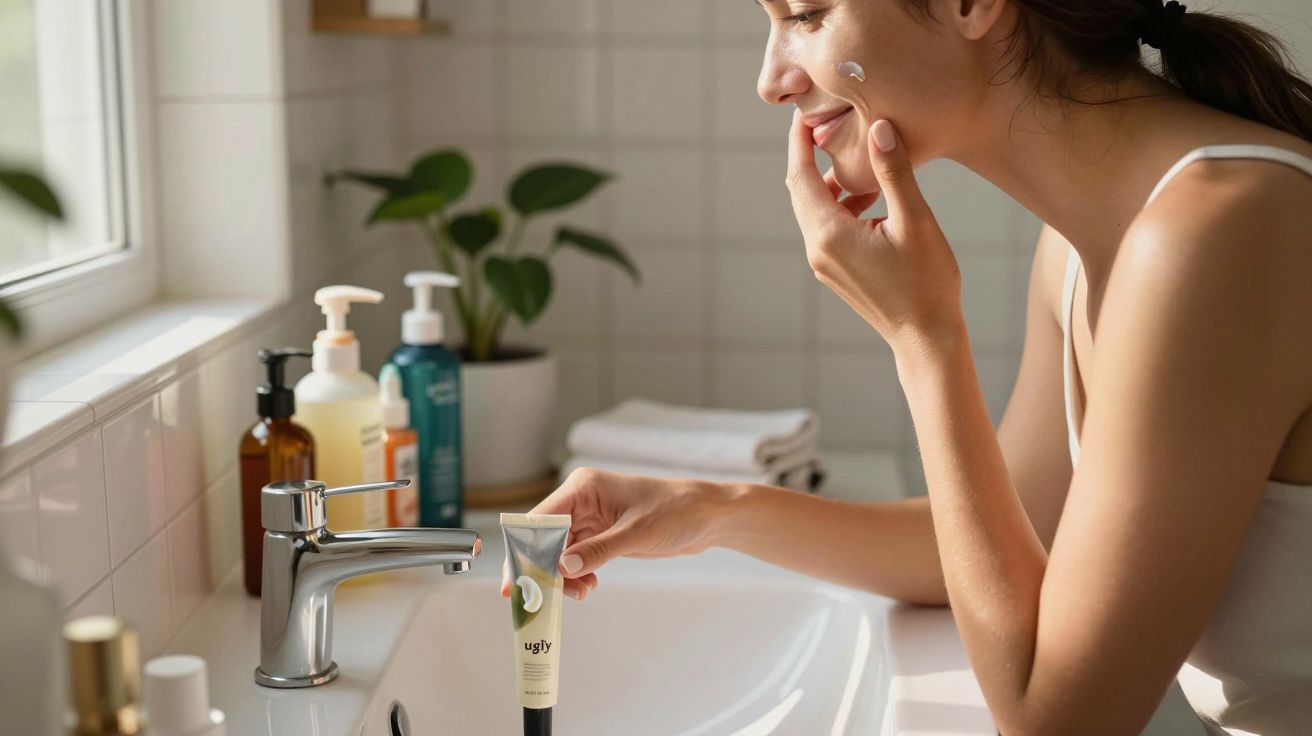 Mulher aplica creme hidratante no rosto junto a lavatório com produtos de cuidados pessoais ao fundo.