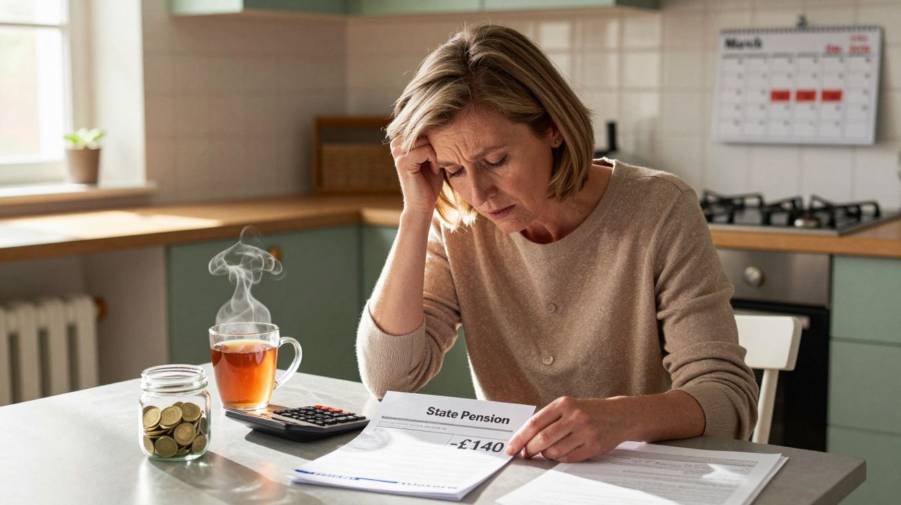 Mulher preocupada sentada numa cozinha a analisar documentos financeiros com chá e moedas à sua frente.