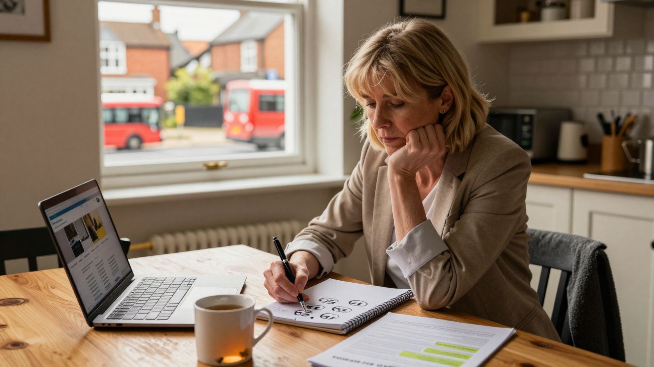 Mulher concentrada a fazer anotações junto a portátil e chá numa mesa de cozinha iluminada por janela.