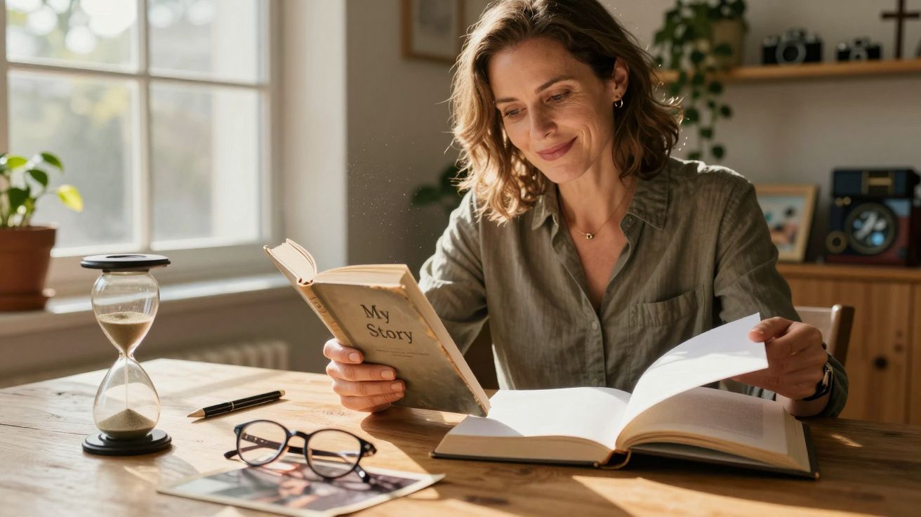 Mulher sorridente a ler um livro intitulado "My Story" numa mesa com ampulheta, óculos e fotografias.