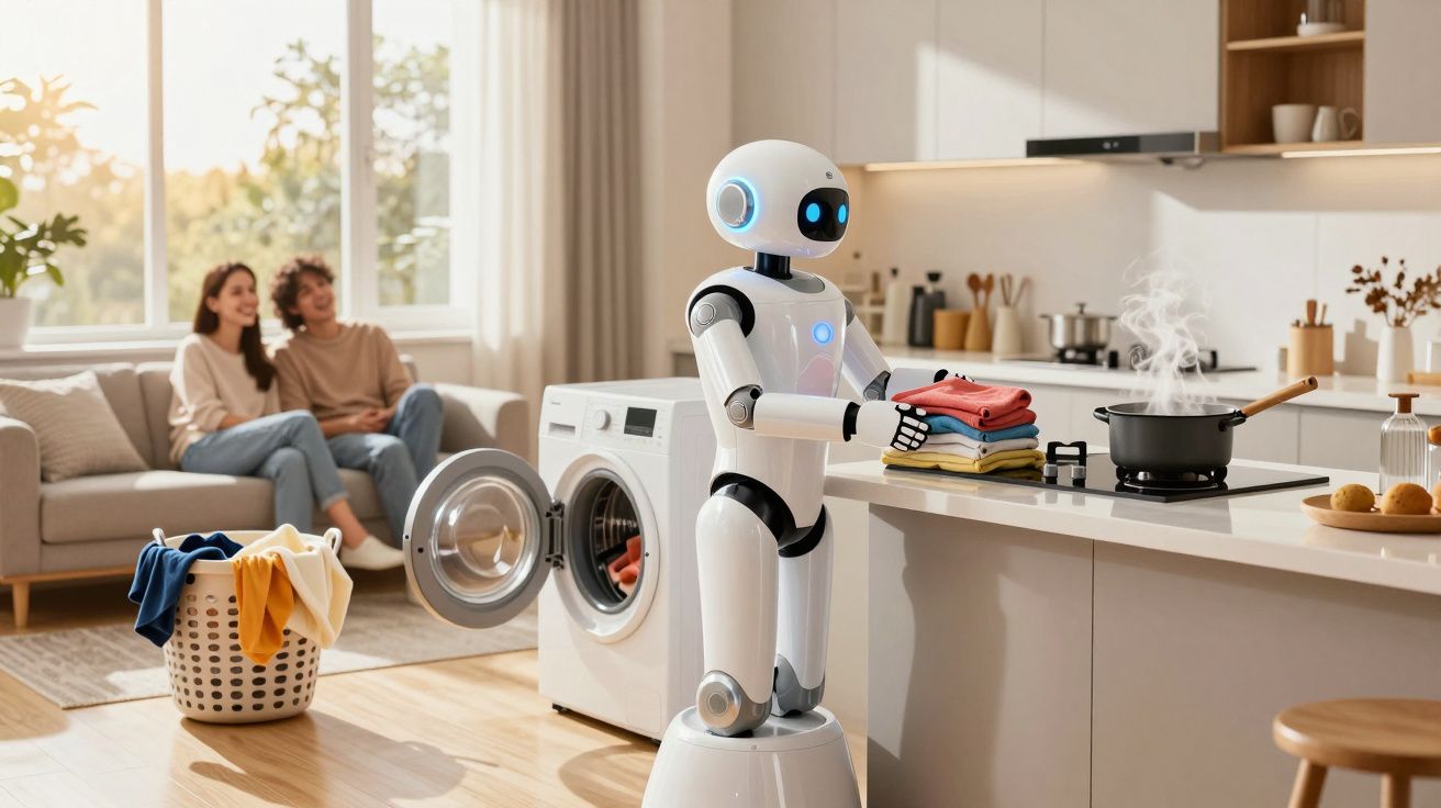 Robô doméstico a dobrar roupa na cozinha, com máquina de lavar aberta e casal sentado no sofá ao fundo.