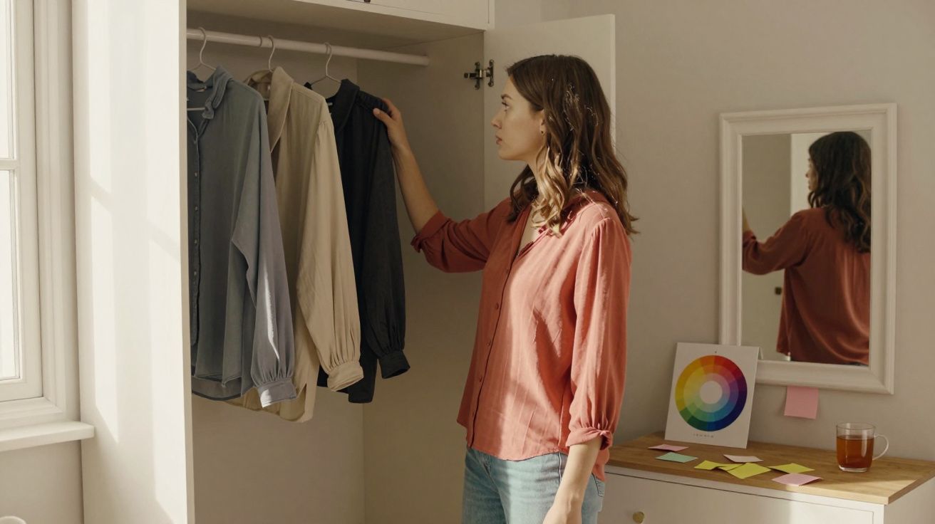 Mulher a escolher roupa num armário aberto, com janela e espelho próximos numa divisão iluminada.