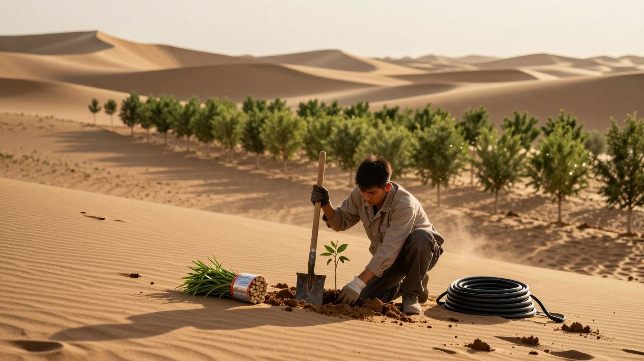 Homem planta uma árvore jovem no deserto, rodeado por dunas e fileira de árvores verdes.