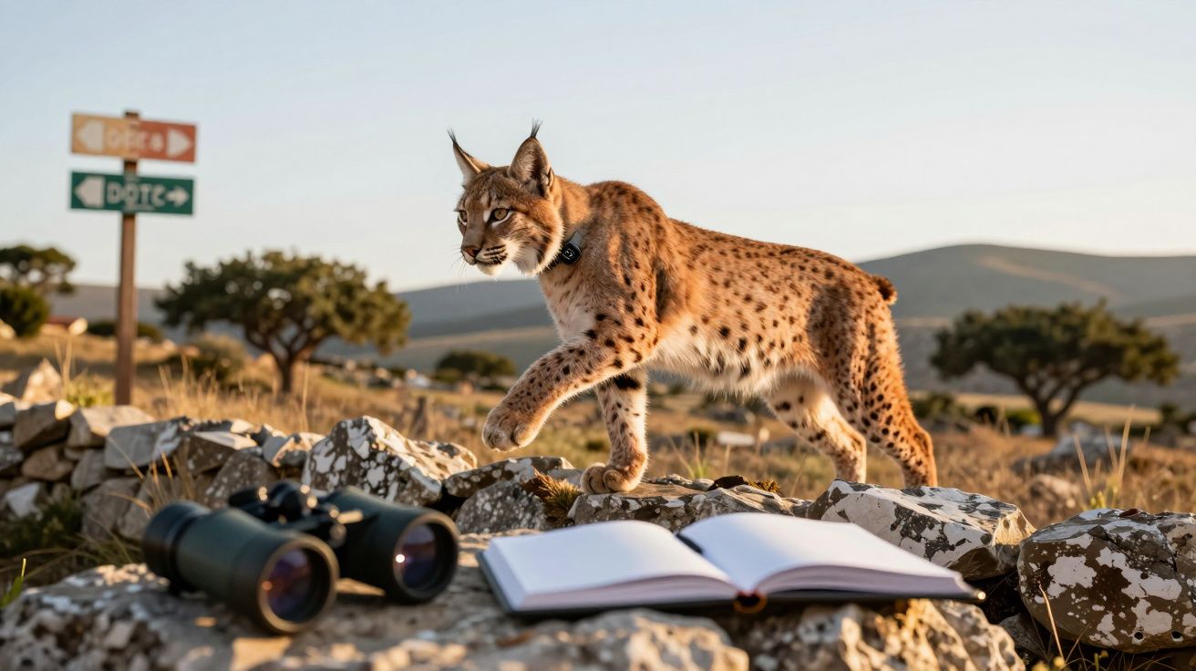 Lince ibérico a caminhar sobre pedras ao ar livre com binóculos e um caderno aberto em primeiro plano.