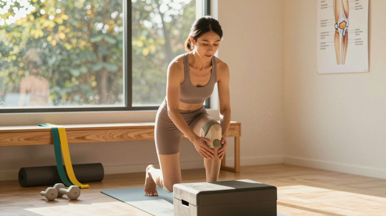 Mulher fazendo exercício com bola de reabilitação no joelho, em sala de fisioterapia iluminada.