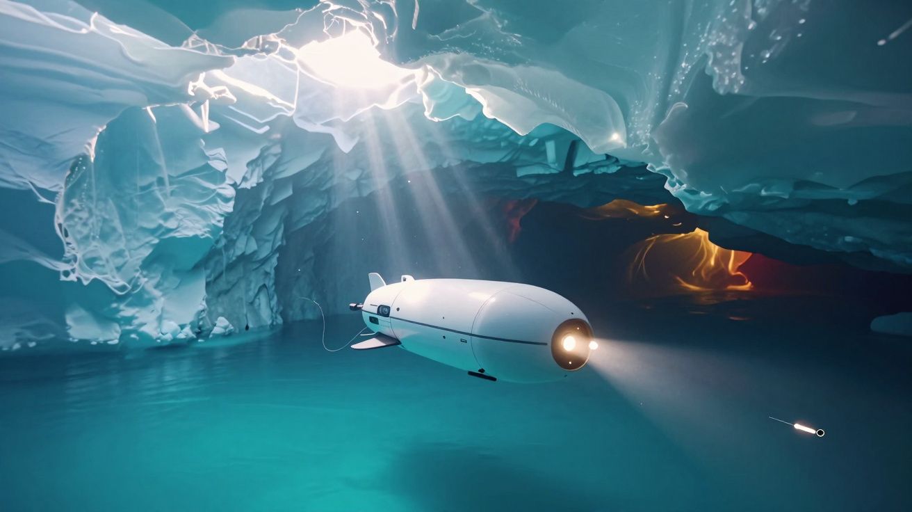Veículo submersível com luzes explorando uma caverna subaquática com gelo e água azul turquesa.