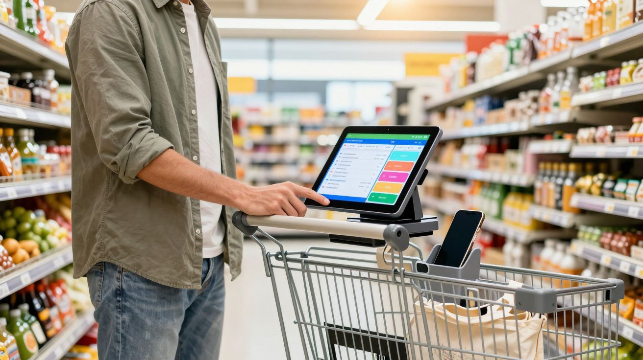 Pessoa a usar tablet num carrinho de compras num supermercado, com smartphone colocado no carrinho.