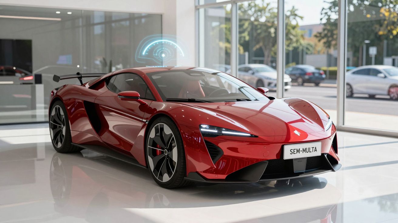 Carro desportivo vermelho brilhante em exposição numa sala moderna com janelas amplas e holograma digital acima.