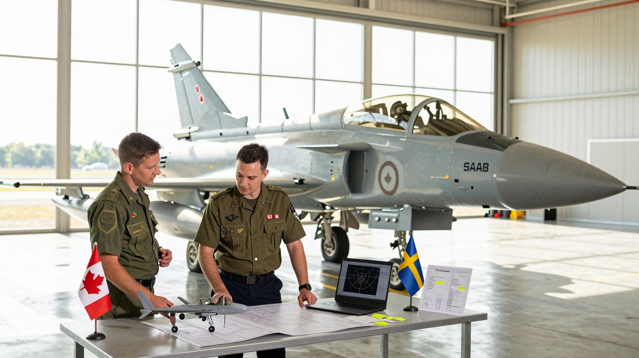 Dois militares a analisar mapas e planos numa mesa diante de um caça militar num hangar, com bandeiras do Canadá e Suécia.