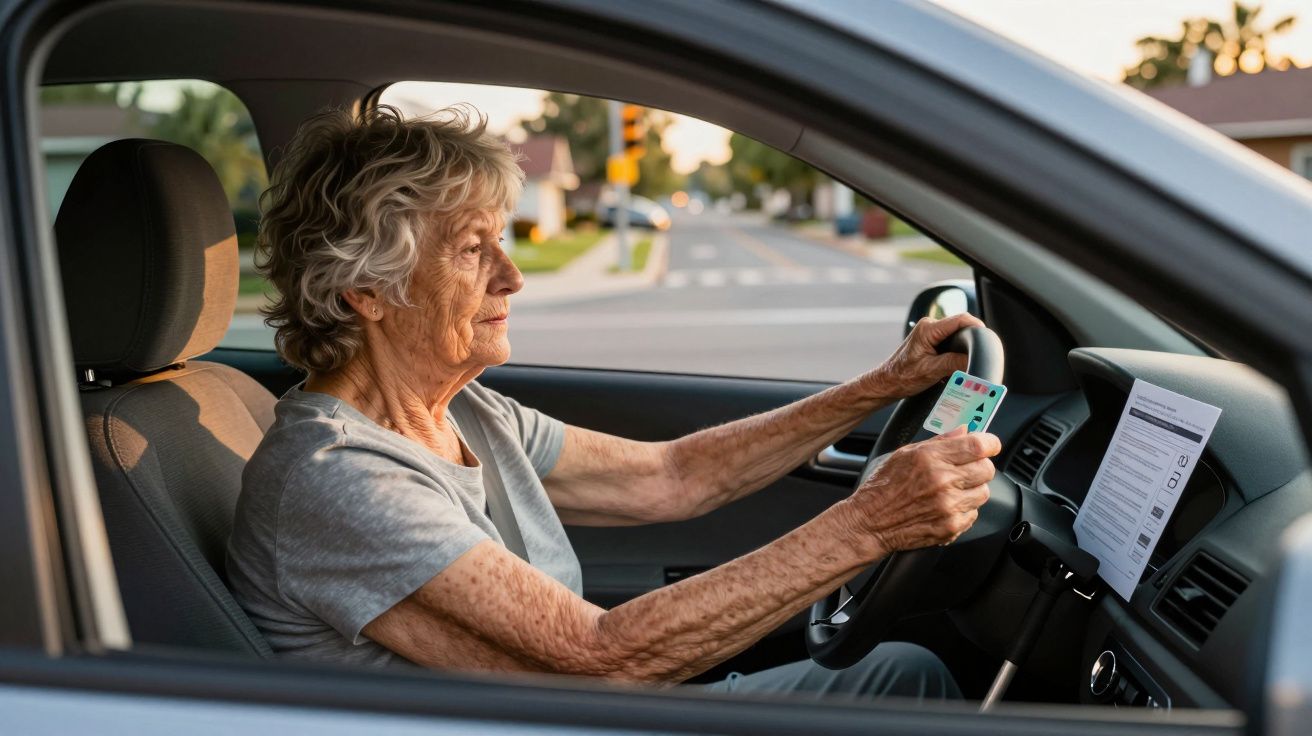Idosa a conduzir um carro, a mostrar um documento de identificação na mão direita.