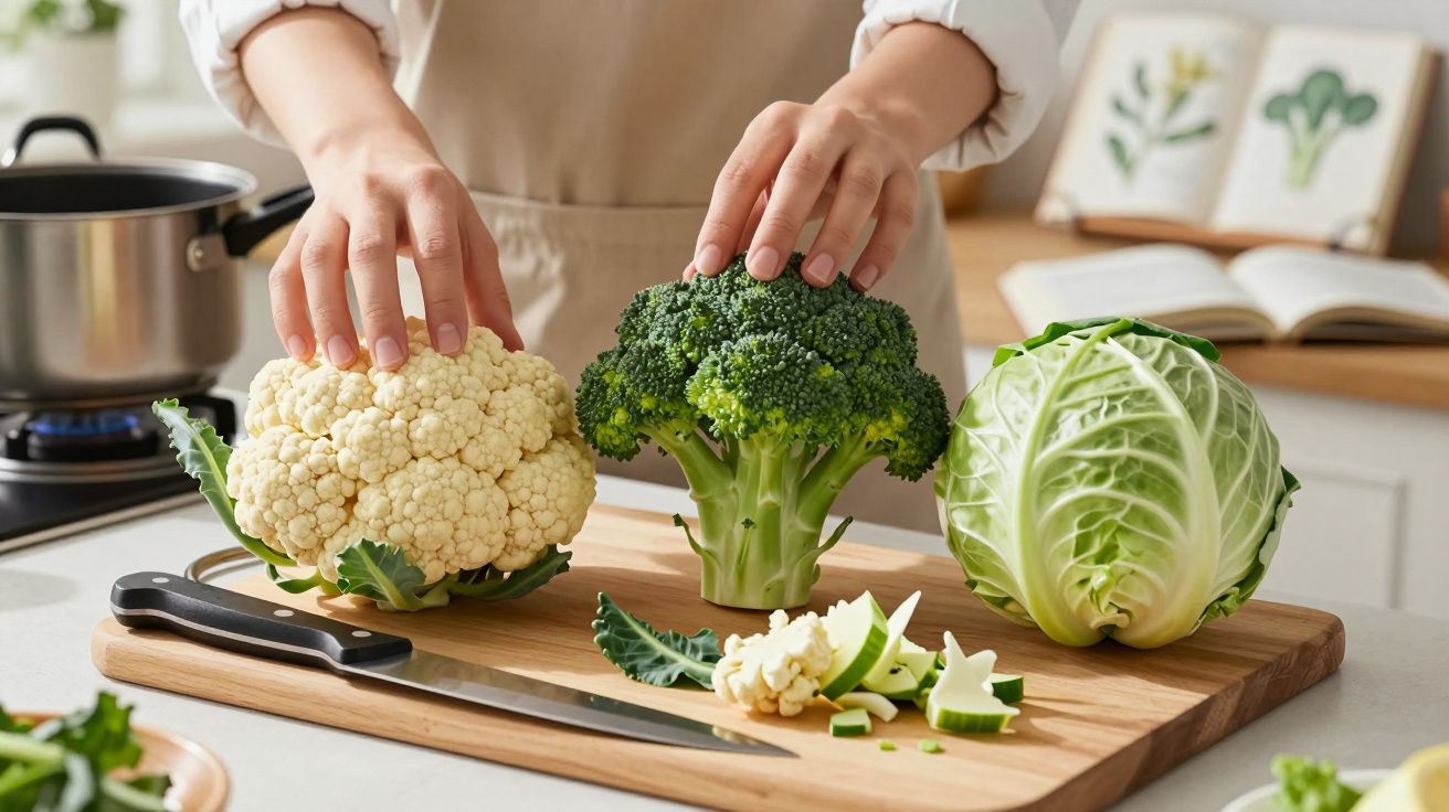 Pessoa a segurar couve-flor e brócolos numa tábua com couve e faca numa cozinha.
