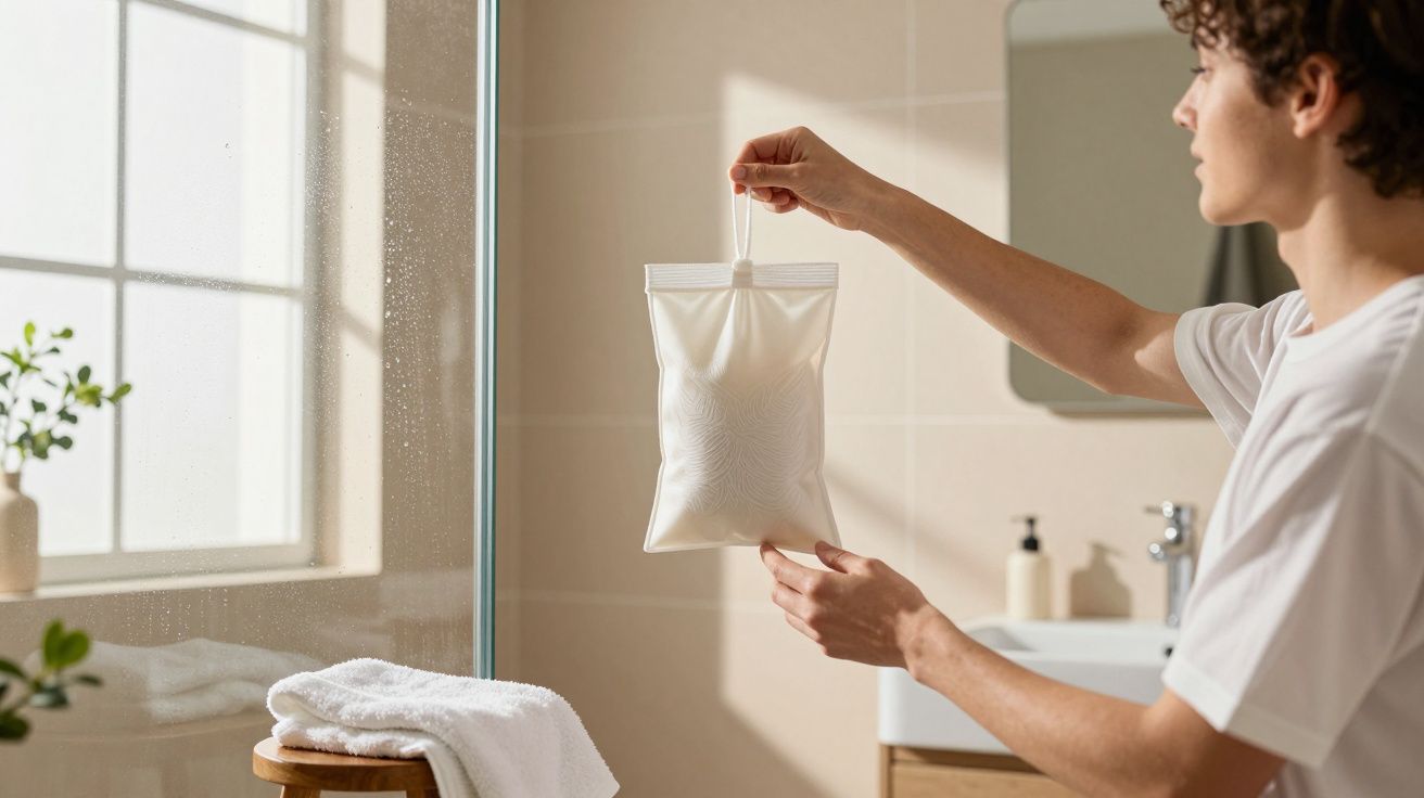 Pessoa a segurar saco hygge de algodão com sais minerais num ambiente de casa de banho iluminado.