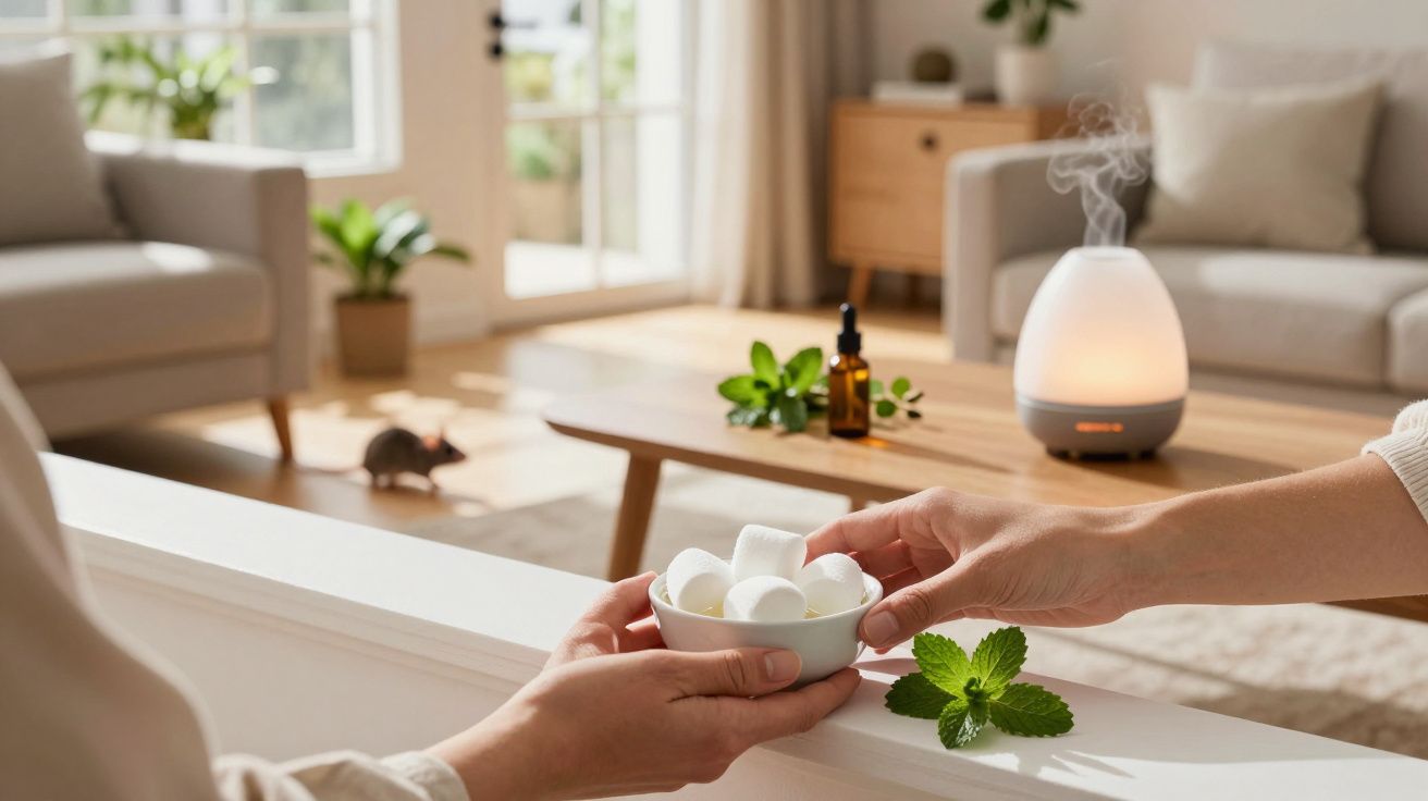 Duas mãos trocam um recipiente com marshmallows numa sala luminosa com difusor e planta no fundo.