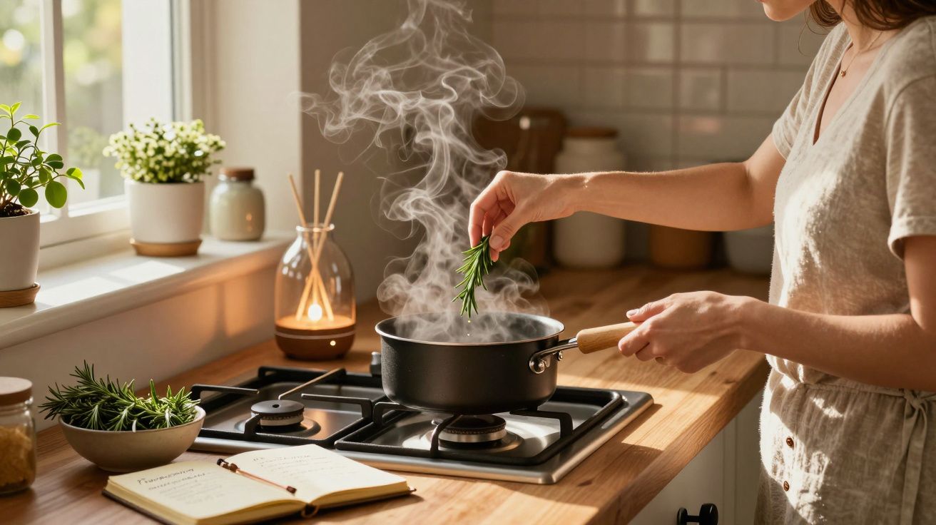 Pessoa a temperar comida com ervas num tacho a cozinhar num fogão a gás numa cozinha luminosa.