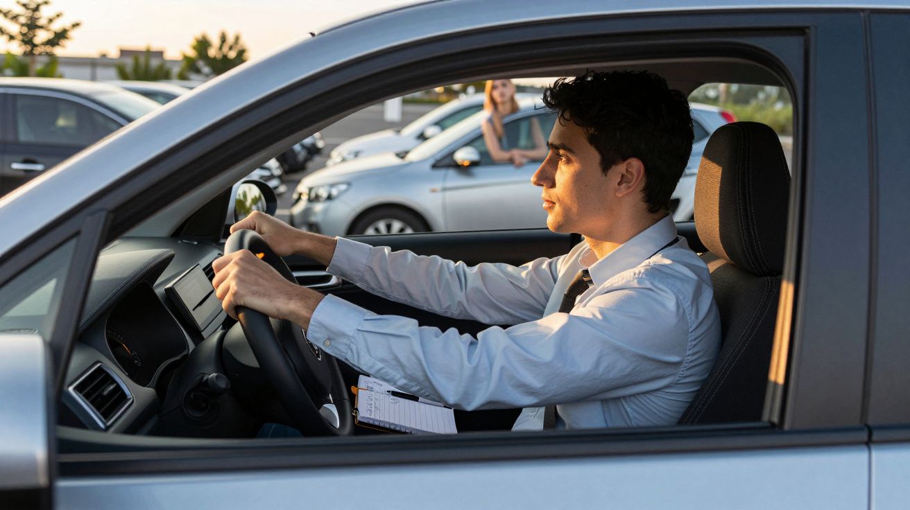 Homem vestido formalmente ao volante de um carro estacionado, com mulher ao fundo junto a outro veículo.