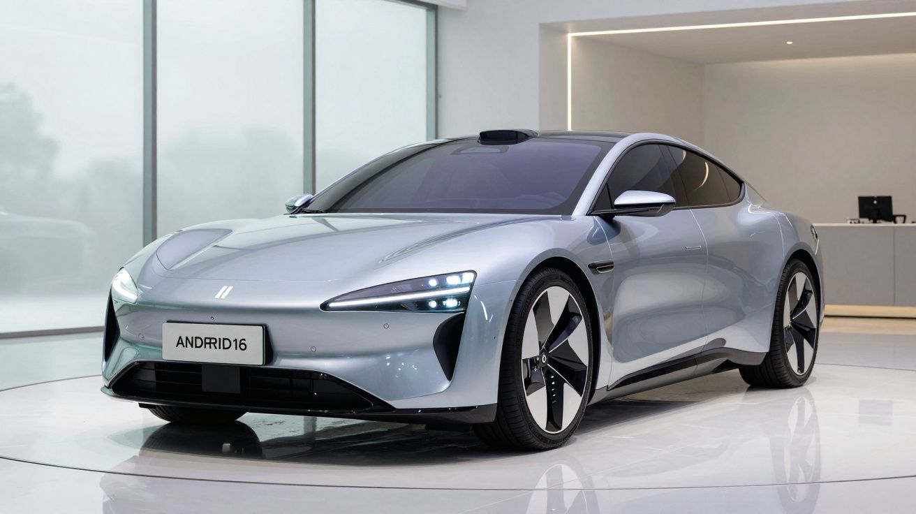 Carro desportivo elétrico prateado com design moderno em exposição interior minimalista.