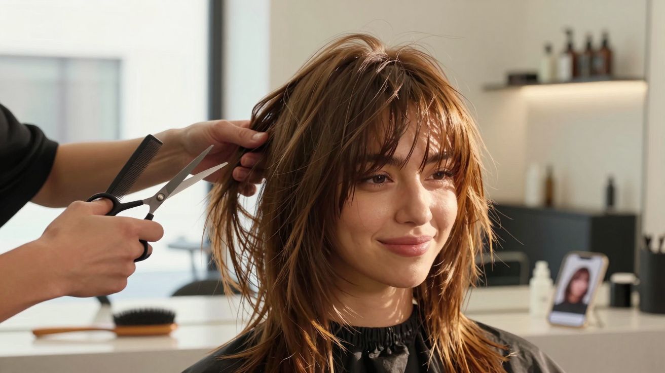 Mulher sorridente a cortar o cabelo num salão de cabeleireiro com luz natural e ambiente moderno.