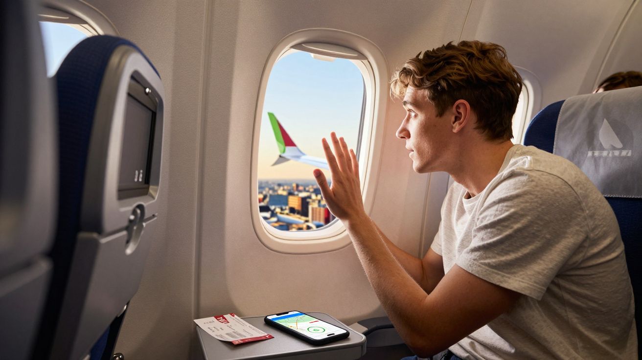 Homem sentado na poltrona do avião, olhando pela janela enquanto a aeronave está no solo.