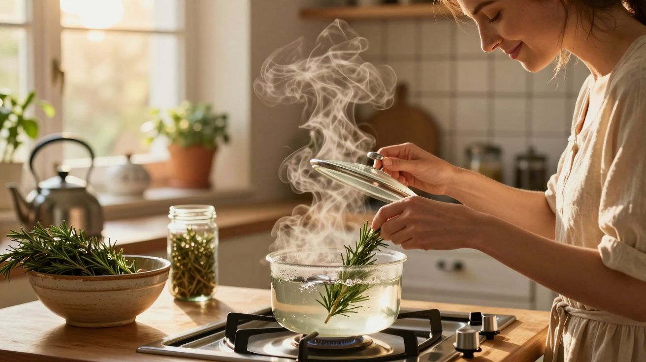 Mulher a cozinhar com ramo de alecrim numa panela com vapor numa cozinha acolhedora e luminosa.