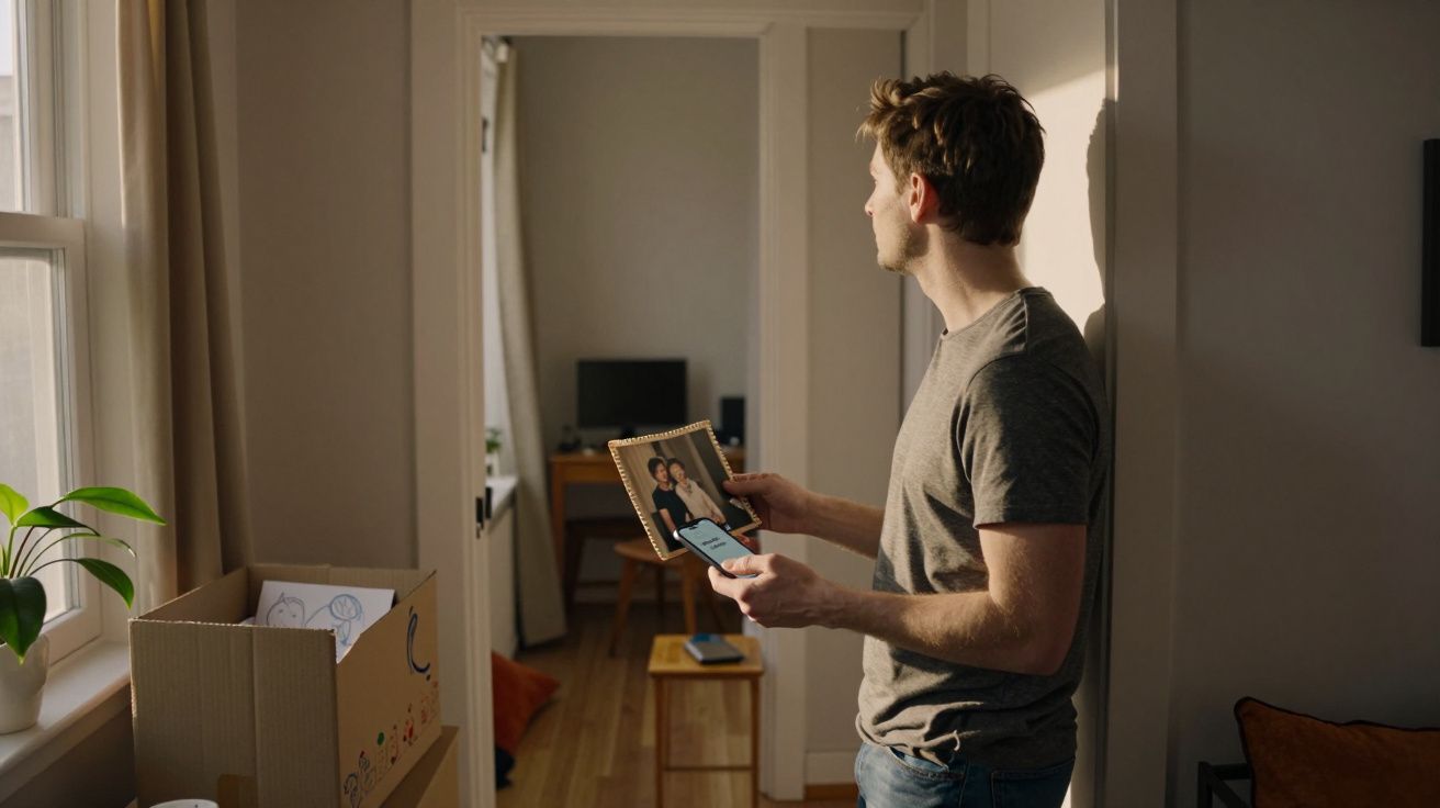 Homem observa fotografia antiga enquanto segura telemóvel numa divisão com luz natural suave.